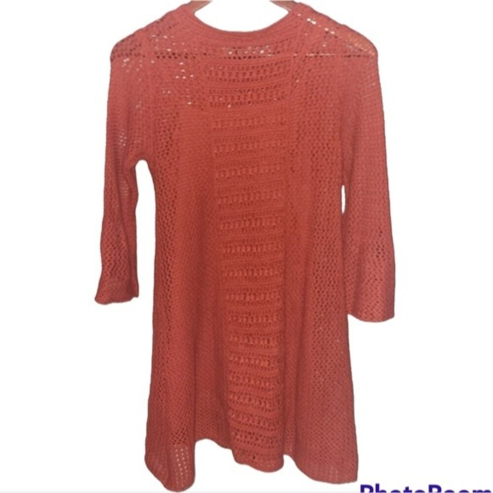 Free People FP Boho Crochet Orange Red Fall Long Sleeve Knit Sweater Dress XS